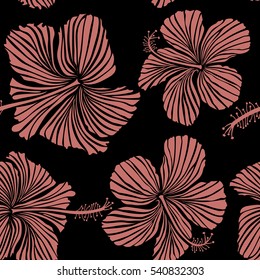 Vector hibiscus flowers and buds retro seamless pattern illustration in pink colors on black background.