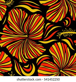 Vector hibiscus flowers and buds retro seamless pattern illustration in yellow and red colors on black background.