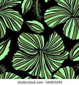 Vector hibiscus flowers and buds retro seamless pattern illustration in green colors on black background.