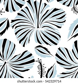 Vector hibiscus flowers and buds retro seamless pattern illustration in neutral and black colors on white background.