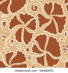Vector hibiscus flowers and buds retro seamless pattern illustration in white, brown and beige colors.