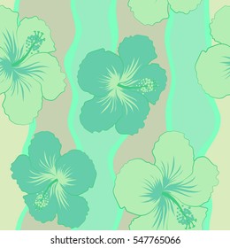 Vector hibiscus flowers and buds retro seamless pattern illustration in neutral and green colors.
