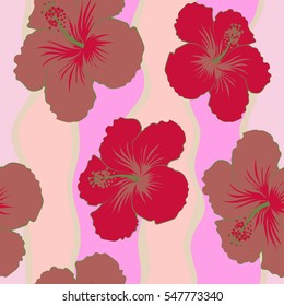 Vector hibiscus flowers and buds retro seamless pattern illustration in pink and red colors.