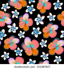 Vector hibiscus flowers and buds retro illustration in green, blue and pink colors on black background.