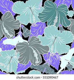 Vector hibiscus flowers and buds retro seamless pattern illustration in blue and violet colors on black background.