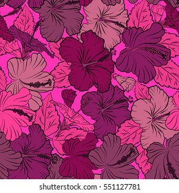 Vector hibiscus flowers and buds retro seamless pattern illustration in magenta, purple and pink colors.