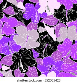 Vector hibiscus flowers and buds retro seamless pattern illustration in violet and black colors on black background.