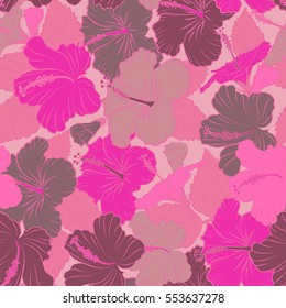 Vector hibiscus flowers and buds retro seamless pattern illustration in pink, purple and magenta colors.