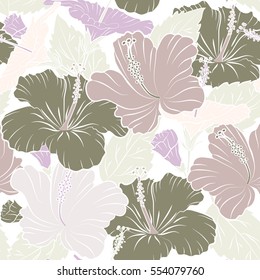 Vector hibiscus flowers and buds retro seamless pattern illustration in beige colors on white background.