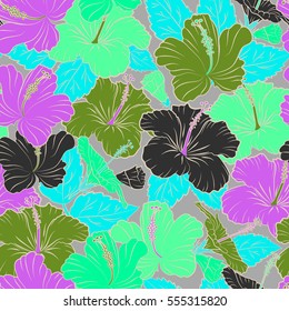 Vector hibiscus flowers and buds retro seamless pattern illustration in green, gray and violet colors.
