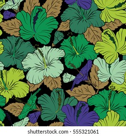 Vector hibiscus flowers and buds retro seamless pattern illustration in violet and green colors on black background.