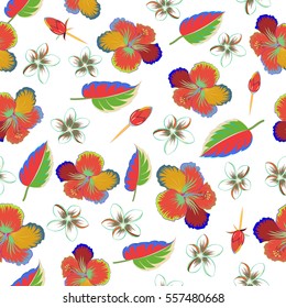 Vector hibiscus flowers and buds retro illustration in blue and green colors on white background.