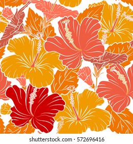 Vector hibiscus flowers and buds retro seamless pattern illustration in orange, yellow and red colors on white background.