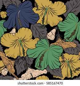 Vector hibiscus flowers and buds retro seamless pattern illustration in beige, yellow and green colors on black background.
