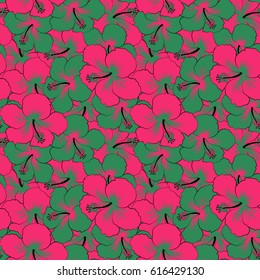 Vector hibiscus flowers and buds retro seamless pattern illustration in green and pink colors.