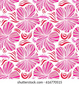 Vector hibiscus flowers and buds retro seamless pattern illustration in pink, magenta and red colors on white background.