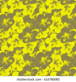 Vector hibiscus flowers and buds retro seamless pattern illustration in neutral and yellow colors.