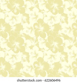 Vector hibiscus flowers and buds retro illustration in beige and neutral colors.