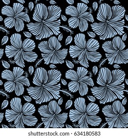 Vector hibiscus flowers and buds retro seamless pattern illustration in blue colors on black background.