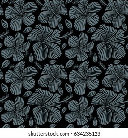 Vector hibiscus flowers and buds retro illustration in neutral colors on black background.