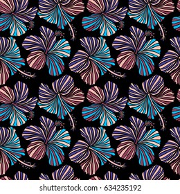 Vector hibiscus flowers and buds retro illustration in beige, violet and purple colors on black background.