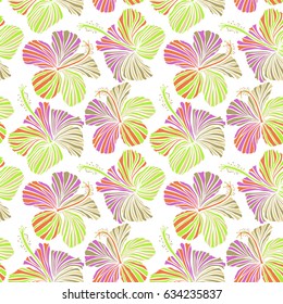 Vector hibiscus flowers and buds retro seamless pattern illustration in pink and orange colors on white background.