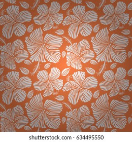 Vector hibiscus flowers and buds retro seamless pattern illustration in white color on orange background.