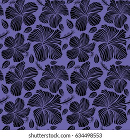 Vector hibiscus flowers and buds retro seamless pattern illustration in black color on violet background.
