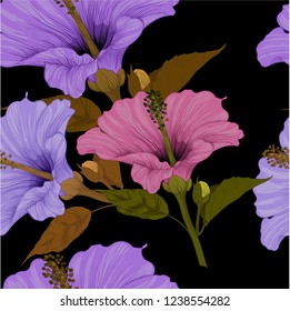 Vector. Hibiscus - flowers and buds. Seamless background pattern. Perfume and cosmetic plants. Wallpaper. Decorative composition. Use printed materials, signs, posters, postcards, packaging.