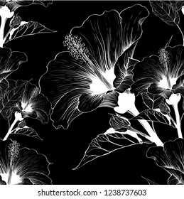 Vector. Hibiscus - flowers and buds. Seamless background pattern. Perfume and cosmetic plants. Wallpaper. Decorative composition. Use printed materials, signs, posters, postcards, packaging.