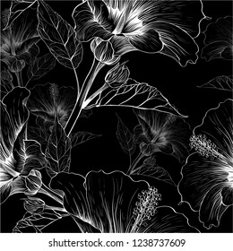 Vector. Hibiscus - flowers and buds. Seamless background pattern. Perfume and cosmetic plants. Wallpaper. Decorative composition. Use printed materials, signs, posters, postcards, packaging.