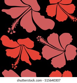 Vector of hibiscus flowers on a black. Ideal for web, card, poster, fabric or textile. Hand Drawn tropical style texture. Creative universal floral pattern in pink and orange colors.