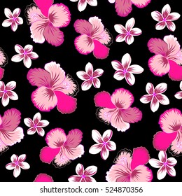 Vector of hibiscus flowers on a black. Creative universal floral pattern in magenta, neutral and pink colors. Ideal for web, card, poster, fabric or textile. Hand Drawn tropical style texture.