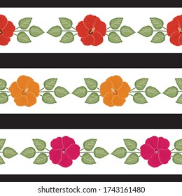 Vector Hibiscus Flowers in Pink Red Orange with Green Leaves on White and Black Stripes Seamless Repeat Pattern. Background for textiles, cards, manufacturing, wallpapers, print, gift wrap and