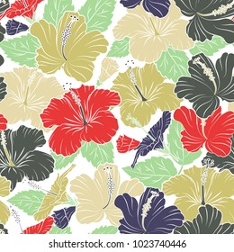 Vector hibiscus flowers seamless pattern. Seamless Floral Pattern in green and white colors.