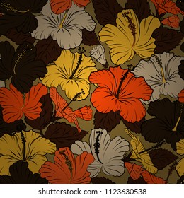 Vector hibiscus flowers seamless pattern. Seamless Floral Pattern in brown, orange and yellow colors.