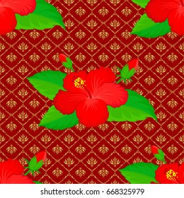 Vector hibiscus flowers seamless pattern. Seamless Floral Pattern on a red background.