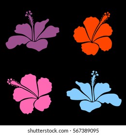 Vector hibiscus flowers set in orange, purple and pink colors.