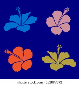 Vector hibiscus flowers set in retro style. Vector illustration in blue, yellow and orange colors.