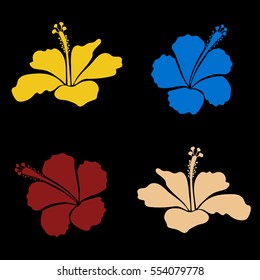 Vector hibiscus flowers set in yellow, red and blue colors.