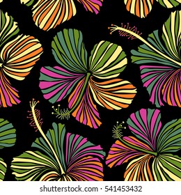 Vector hibiscus in green, yellow and pink colors on a black background. Seamless pattern with tropical flowers in watercolor style.