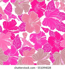 Vector hibiscus in magenta and pink colors on a white background. With tropical flowers in watercolor style.