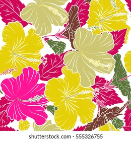 Vector hibiscus in magenta and yellow colors on a white background. Seamless pattern with tropical flowers in watercolor style.