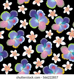 Vector hibiscus in neutral, beige and violet colors on a black background. Seamless pattern with tropical flowers in watercolor style.