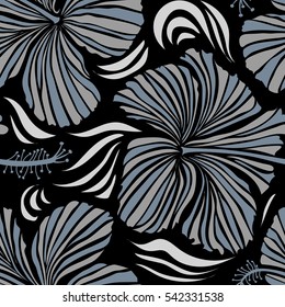 Vector hibiscus in neutral and gray colors on a black background. Seamless pattern with tropical flowers in watercolor style.