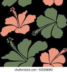 Vector hibiscus in neutral, green and beige colors on a black background. Seamless pattern with tropical flowers in watercolor style.