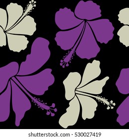 Vector hibiscus in neutral and purple colors on a black background. Seamless pattern with tropical flowers in watercolor style.