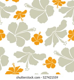 Vector hibiscus in neutral and yellow colors on a white background. Seamless pattern with tropical flowers in watercolor style.
