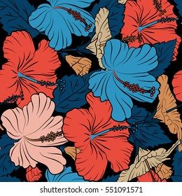 Vector hibiscus in orange, blue and pink colors on a black background. Seamless pattern with tropical flowers in watercolor style.