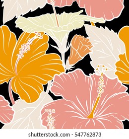 Vector hibiscus in orange, yellow and beige colors on a black background. Seamless pattern with tropical flowers in watercolor style.